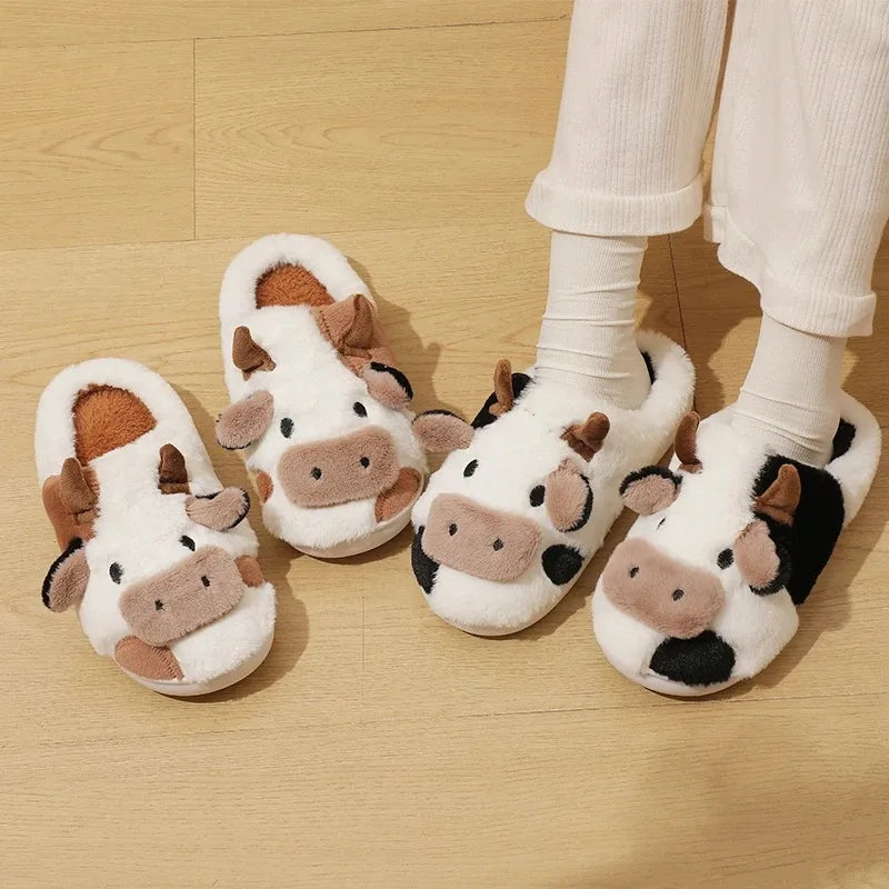 Winter Unisex Cartoon Cow Warm Plush Slippers Couple's Indoor Non-slip House Slides Men And Women Toe Wrap Home Cotton Shoes