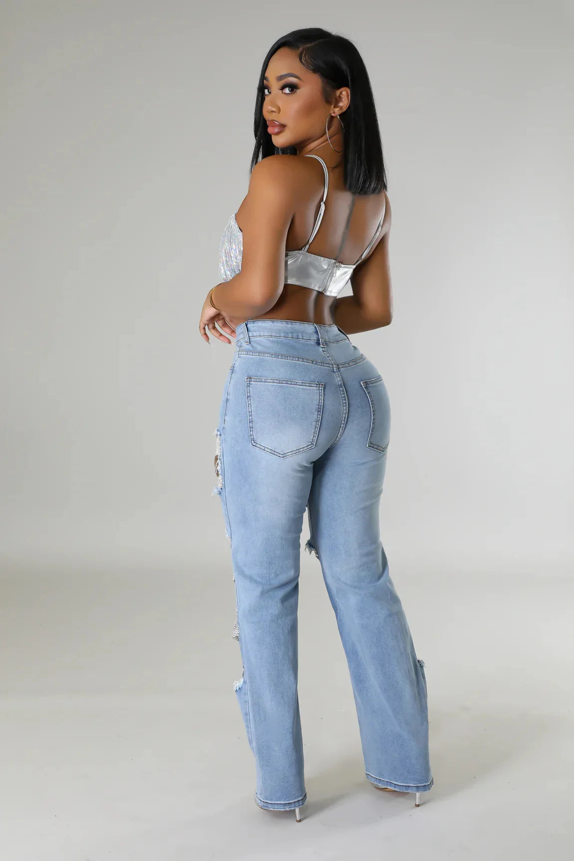 Ripped Jeans for Women Straight Pants Diamonds Chain Stretch Distressed High Waist Floor Length 2025 Streetwear Denim Trousers