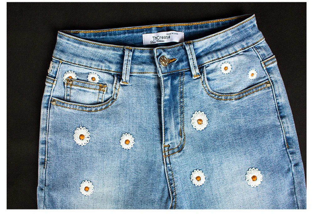 Women's Denim Bell Bottoms High Waist Tight Elastic Long Legs Daisy Embroidered Printed Spicy Girl Slim Straight Jeans UDUE