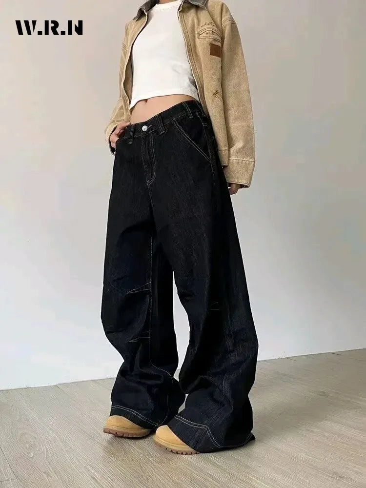 Vintage Y2K Wide Leg Loose Jeans Women Harajuku High Waist Baggy Denim Pants Korean Fashion Streetwear New Black Cowboy Trousers