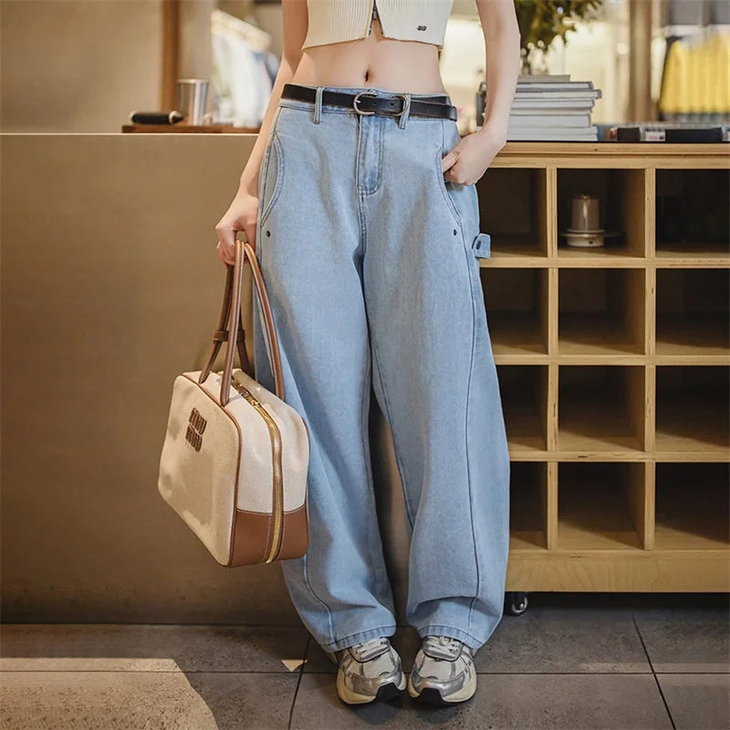Maden Vintage Deconstructed Washed Jeans Women Spring Fall Straight Leg Wide Denim Pants Heavyweight Casual Streetwear Trousers