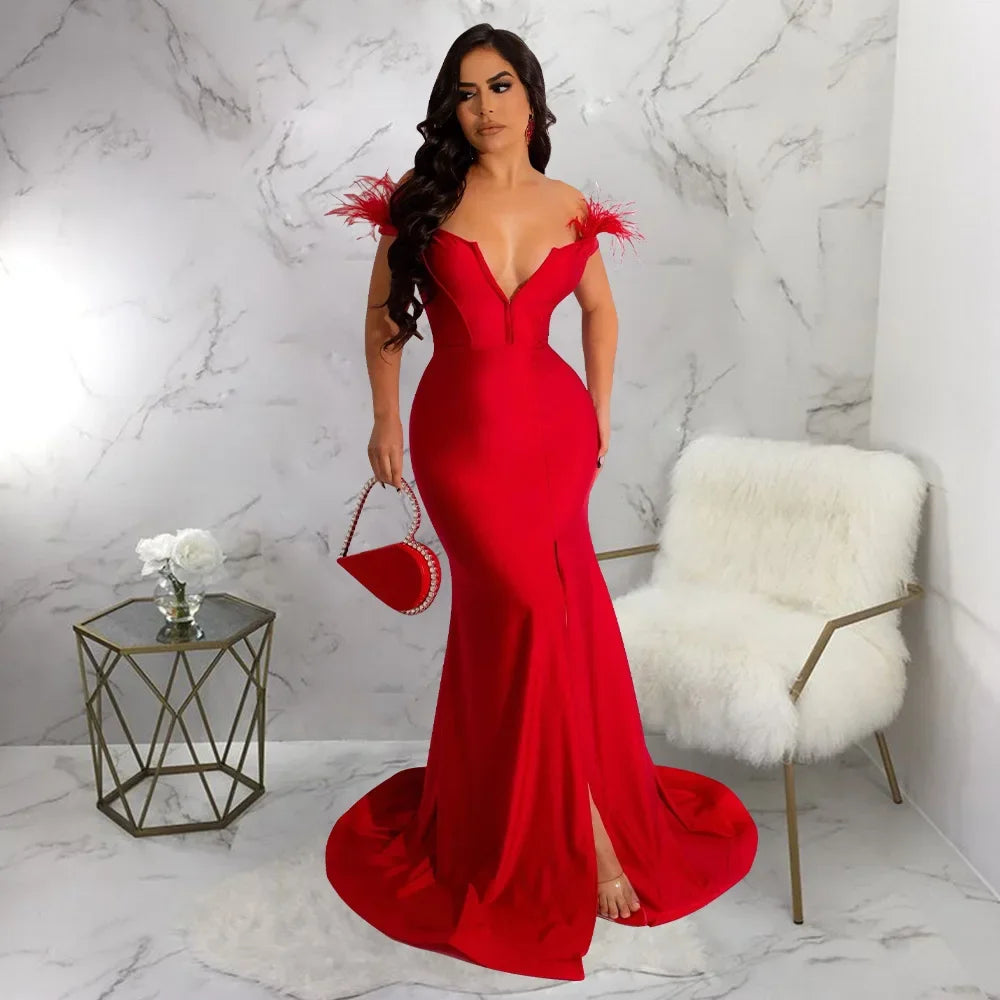 Sexy Strapless Long Maxi Dress Front Slit Bare Shoulder Women's Evening Summer Night Gown Party Dresses