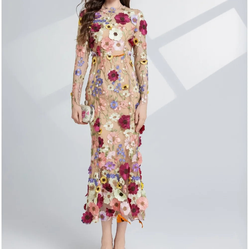 Elegant Three-dimensional Floral Embroidered Chic Long Sleeves Slim Mermaid Dresses Evening French High Street Women Clothing