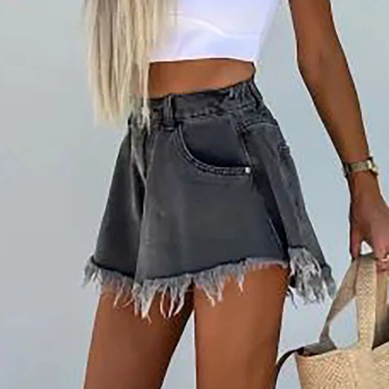 Chic Sexy High Waist Button Jean Shorts Y2K Woman Spring Solid Tassel Denim Shorts Summer Pocket Streetwear Wide Leg Short Pants