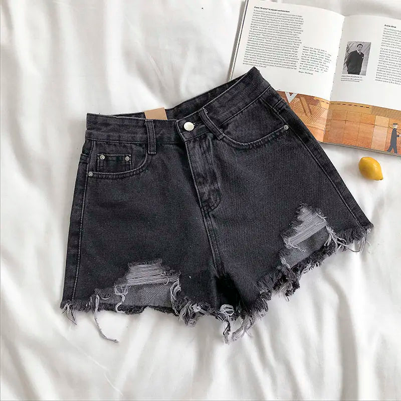Summer New Style Wide Leg Pants Candy Color Ripped Denim Shorts Female High Waist Green A-line Women Jeans Hot Shorts Pants