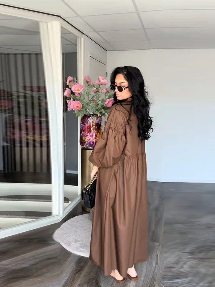 Loose Blue Single Breasted Long Dress Women Casual Full Puff Sleeve O-neck Pleated Patchwork Dresses 2025 Fashion Summer Robe