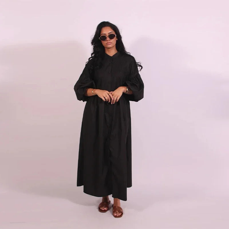 Loose Blue Single Breasted Long Dress Women Casual Full Puff Sleeve O-neck Pleated Patchwork Dresses 2025 Fashion Summer Robe