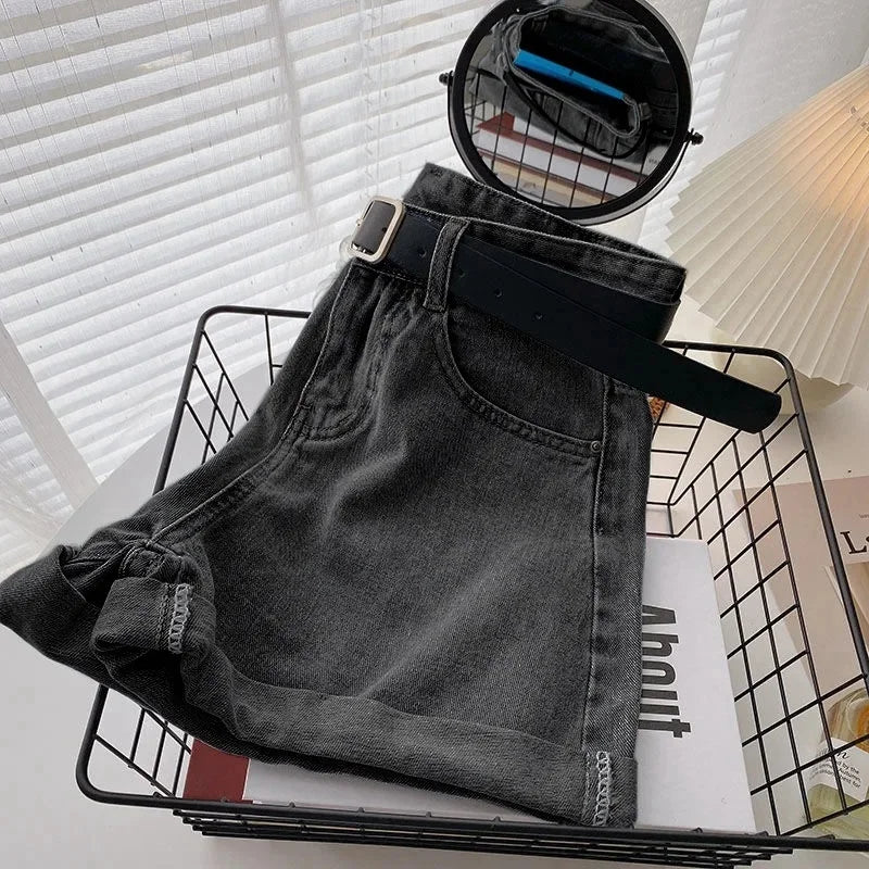 2022 New Spring Summer High-Waisted Slimming A- Line Denim Shorts Women's Loose-Fit Casual Heat Pants Rolled Edge Design