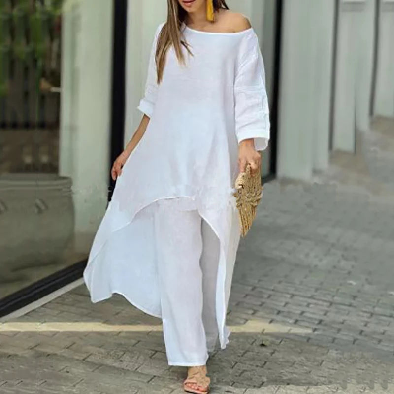 2023 Women Spring Summer O-neck Long Sleeve Irregular Solid Top And Wide Leg Trousers Two Piece Sets Fashion Elegant Female Suit