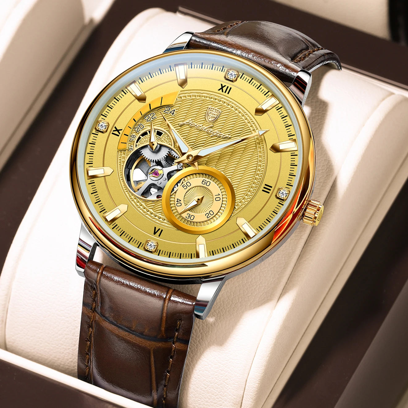 POEDAGAR Sports Luxury Men Clock Waterproof Luminous Man Watch Hollow Tourbillon Automatic Mechanical Leather Men's Watches Male