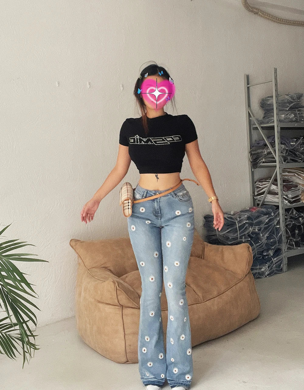 Women's Denim Bell Bottoms High Waist Tight Elastic Long Legs Daisy Embroidered Printed Spicy Girl Slim Straight Jeans UDUE