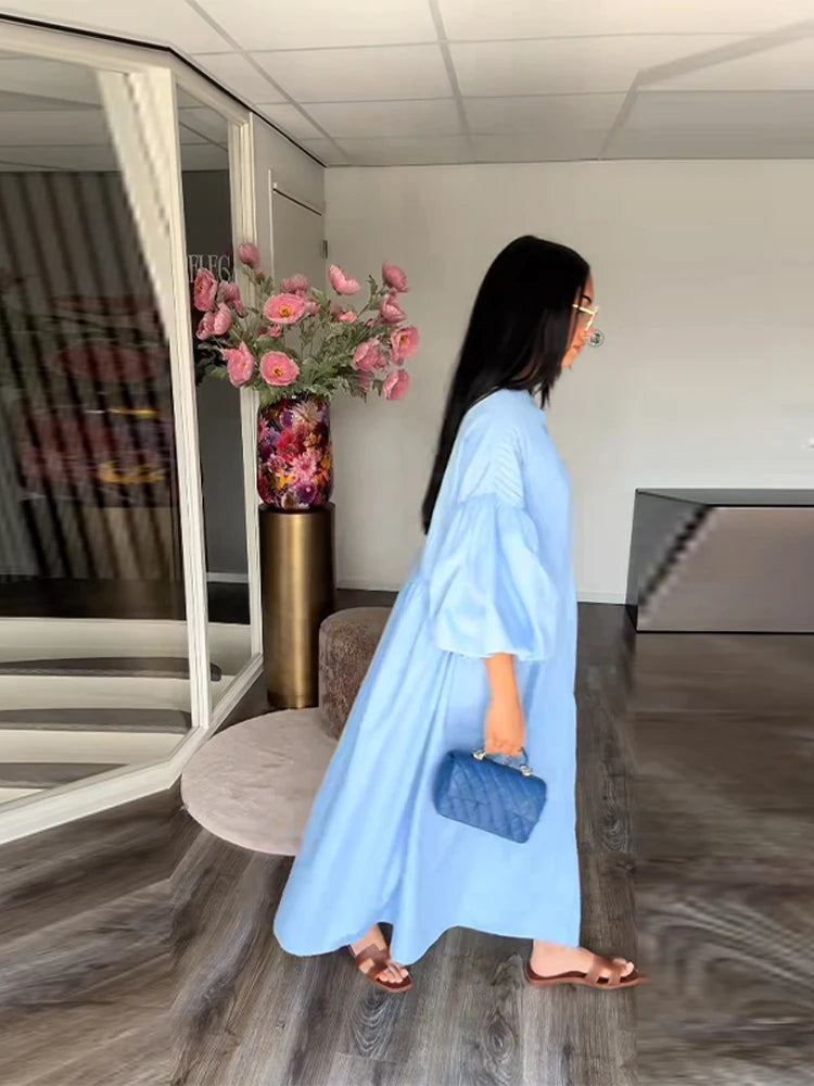 Loose Blue Single Breasted Long Dress Women Casual Full Puff Sleeve O-neck Pleated Patchwork Dresses 2025 Fashion Summer Robe