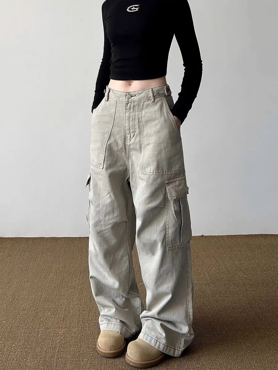 American Retro Multi-pocket Cargo Jeans With Big Pocket Do Old and Washed Jeans Denim Trousers Women Baggy Pants Y2k Clothing