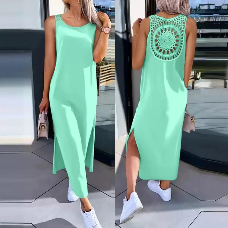 Spring Summer New Women's Clothing Solid Color V-neck Vest Back Lace Cutout Slit Casual Dress