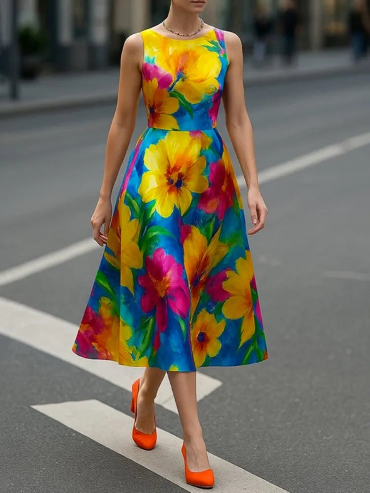 Yeezzi Women British Style Contrast Color Floral Printed Midi Dresses 2025 New Summer Sleeveless Elegant Evening A-line Dress