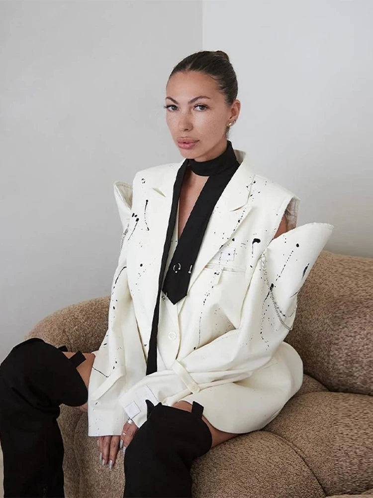 Print Cold Shoulder Long Sleeve Suit Jacket Women Fashion Turn-down Collar Single Breasted Pockets Blazers Locomotive Outerwear