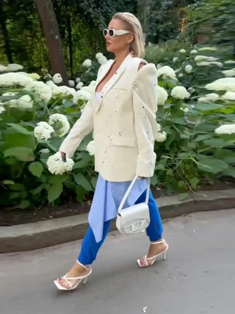 Print Cold Shoulder Long Sleeve Suit Jacket Women Fashion Turn-down Collar Single Breasted Pockets Blazers Locomotive Outerwear