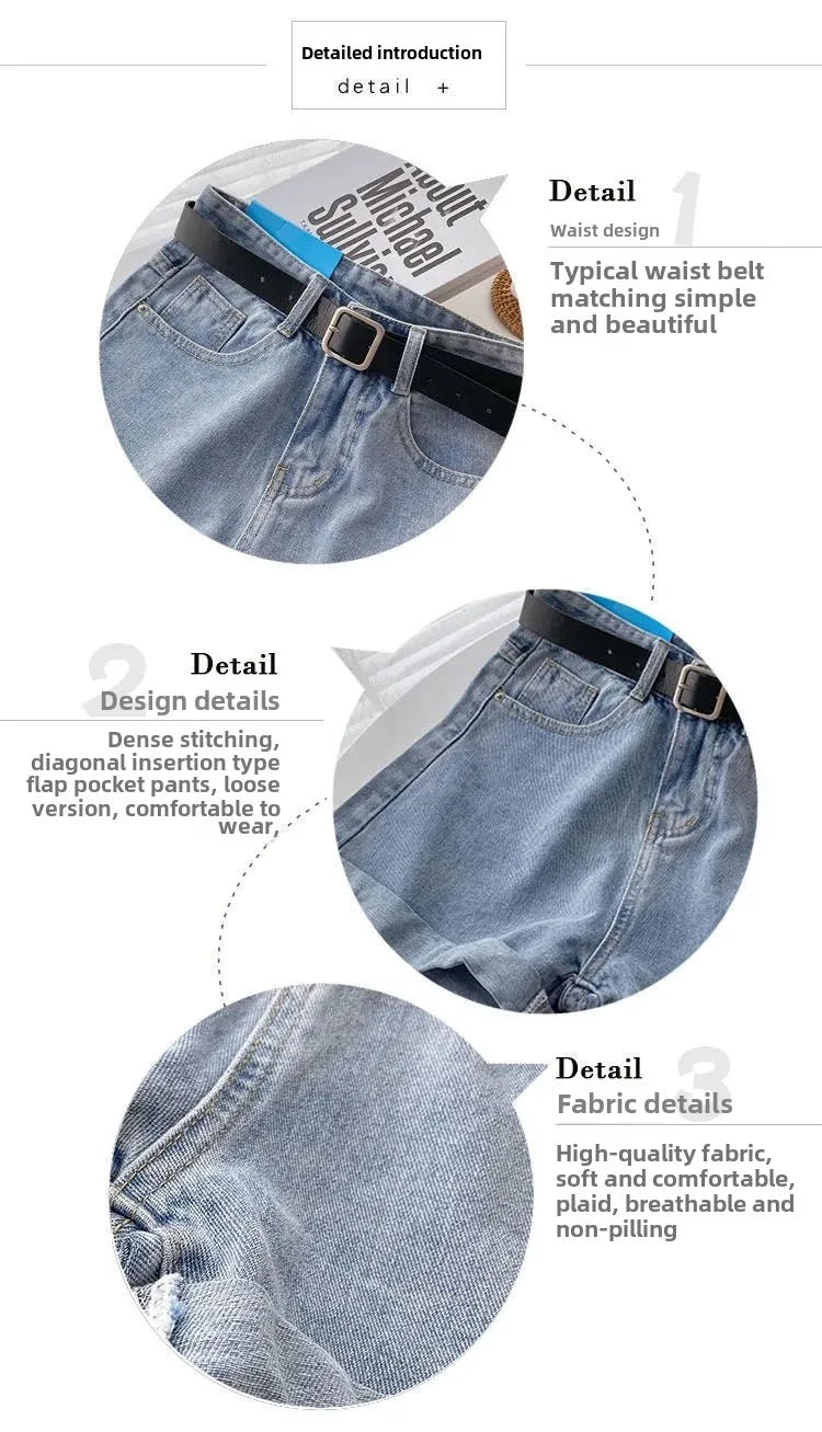 2022 New Spring Summer High-Waisted Slimming A- Line Denim Shorts Women's Loose-Fit Casual Heat Pants Rolled Edge Design