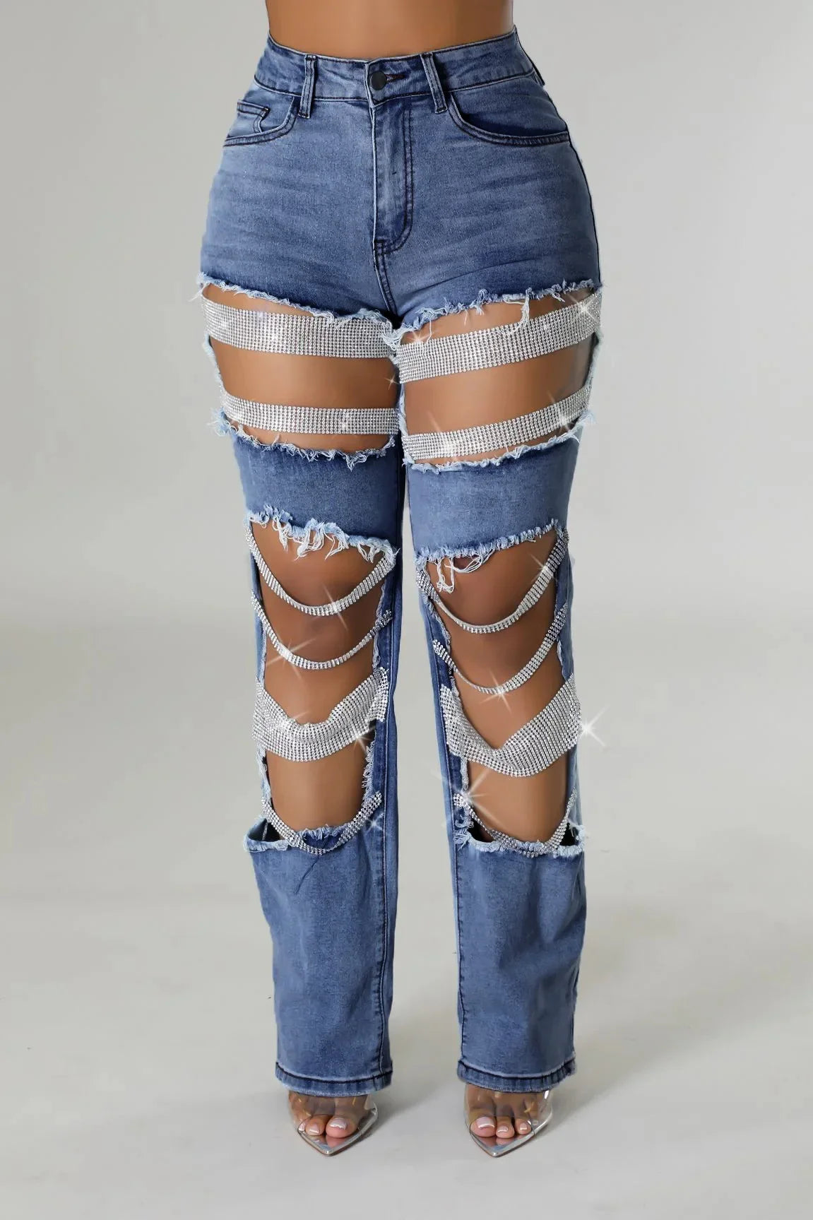 Ripped Jeans for Women Straight Pants Diamonds Chain Stretch Distressed High Waist Floor Length 2025 Streetwear Denim Trousers