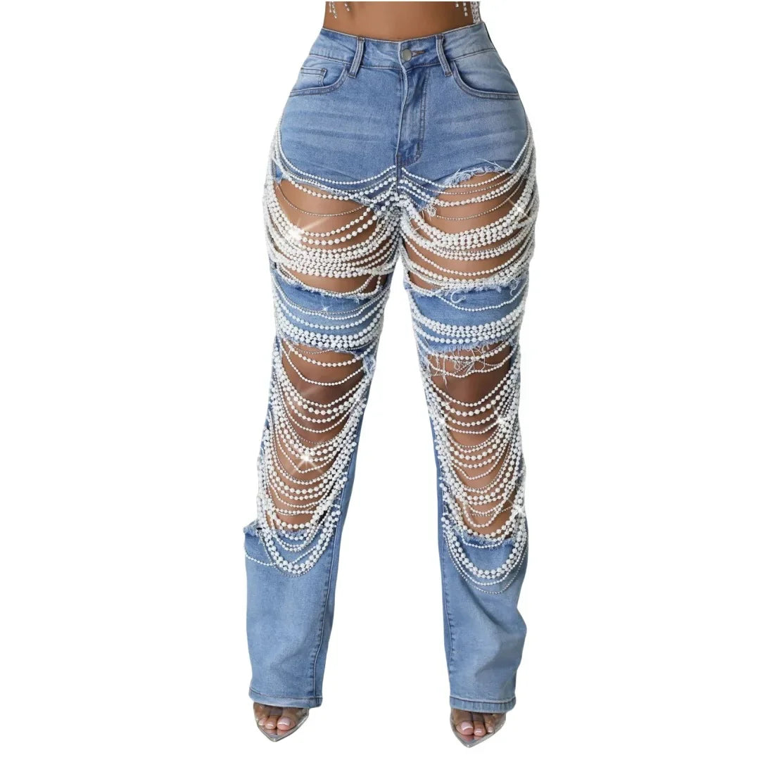 Ripped Jeans for Women Straight Pants Diamonds Chain Stretch Distressed High Waist Floor Length 2025 Streetwear Denim Trousers