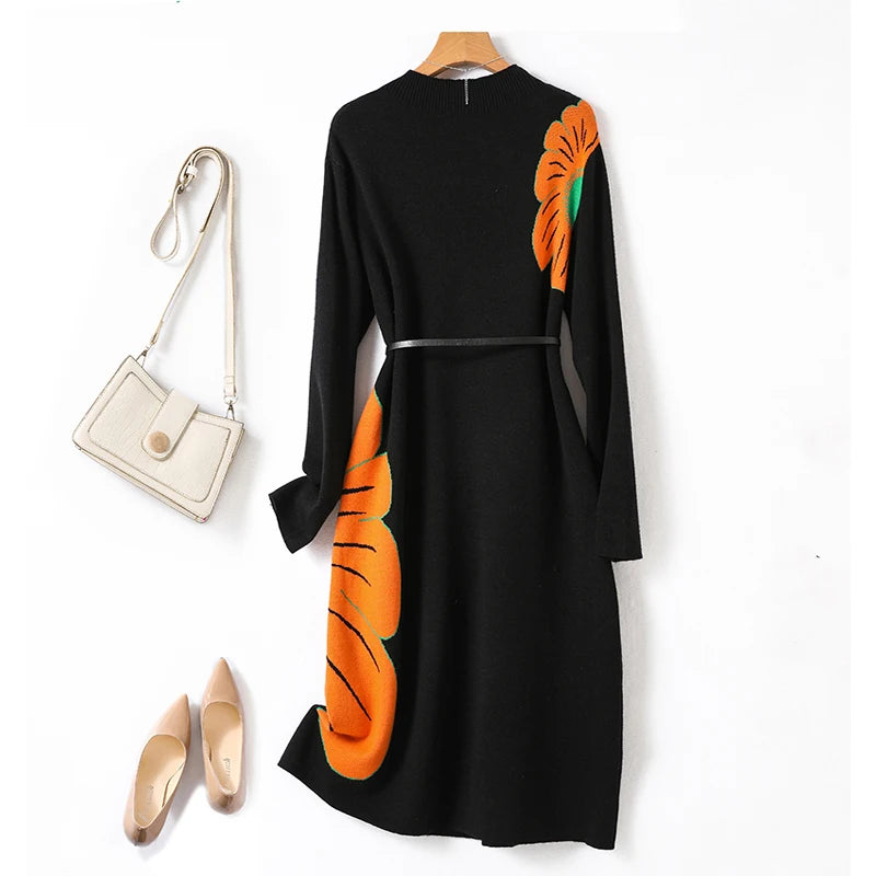 Female's Knitted Belt Knee Length Dresses Simple Comfortable Autumn Winter New Jacquard Dress Women Clothing Wool Vestidos