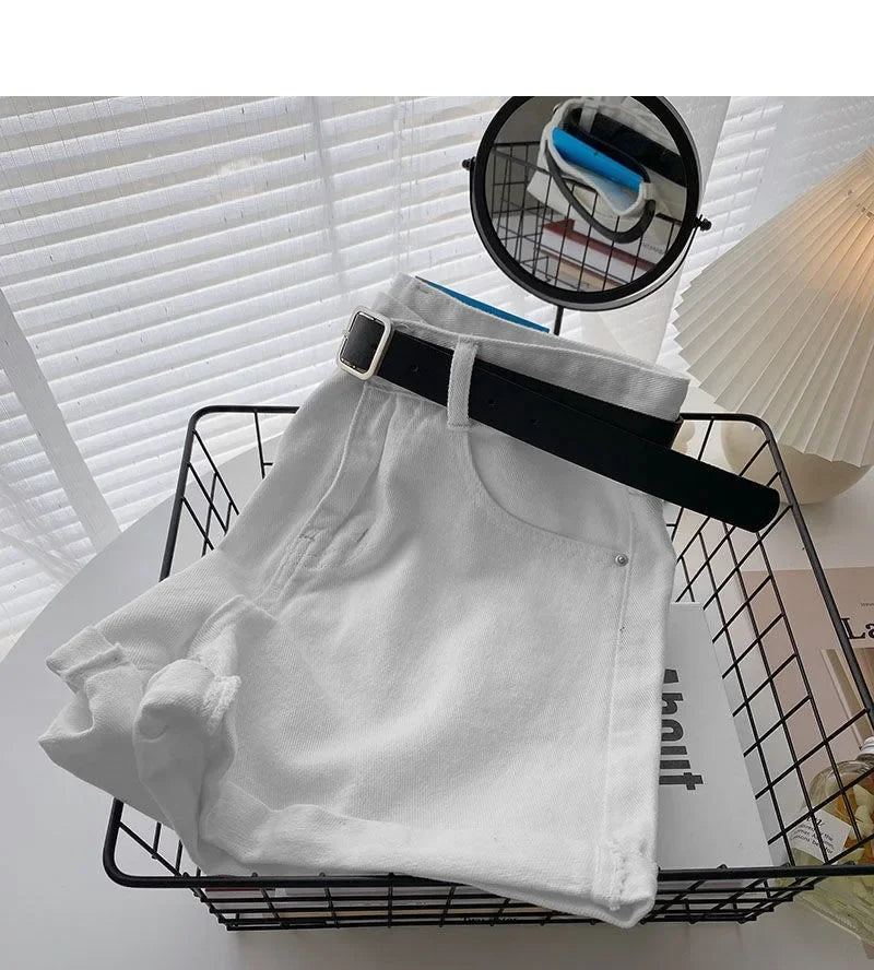 2022 New Spring Summer High-Waisted Slimming A- Line Denim Shorts Women's Loose-Fit Casual Heat Pants Rolled Edge Design