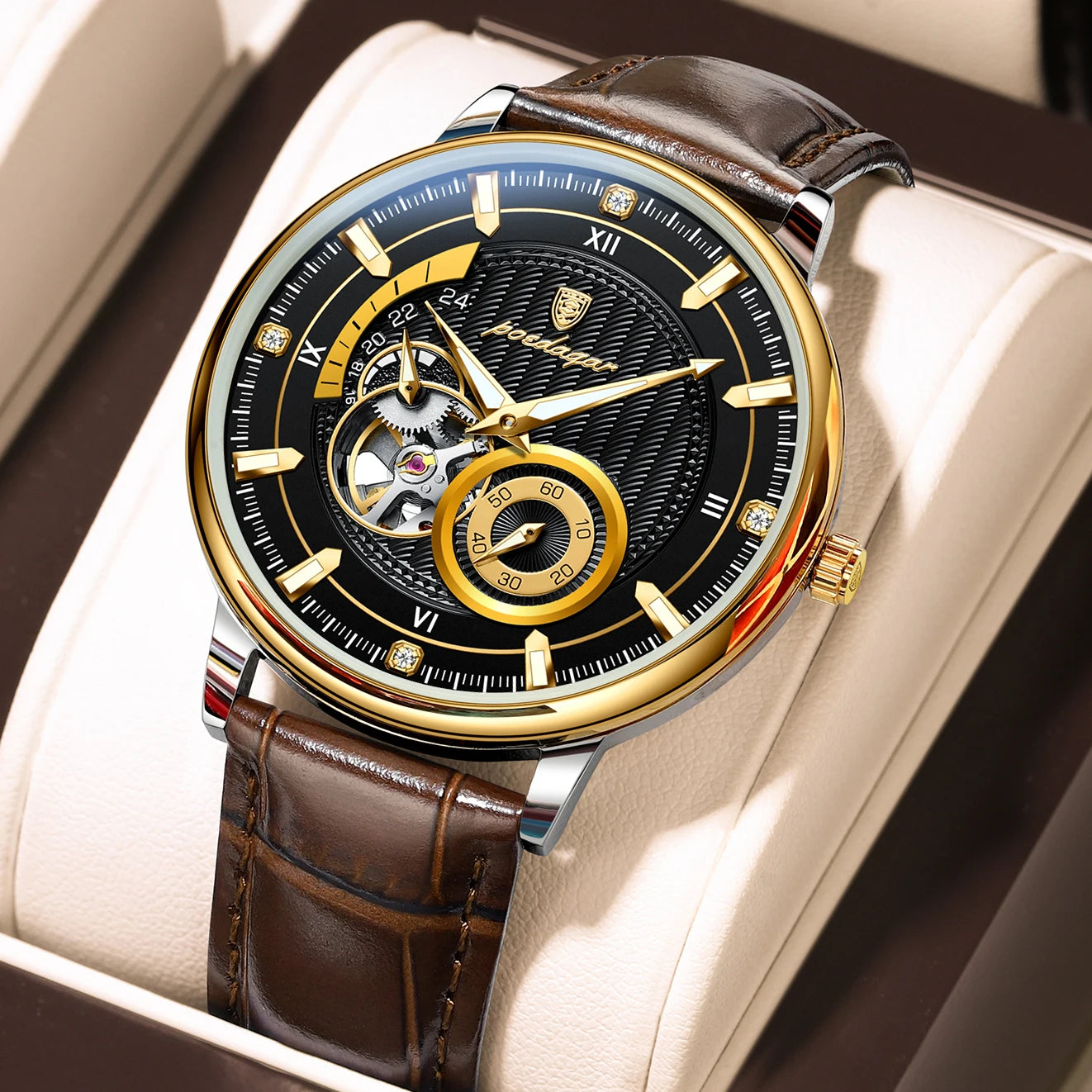 POEDAGAR Sports Luxury Men Clock Waterproof Luminous Man Watch Hollow Tourbillon Automatic Mechanical Leather Men's Watches Male