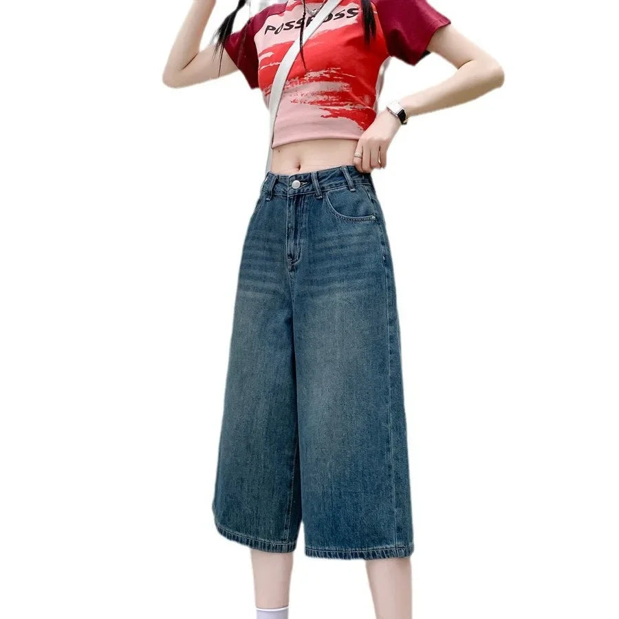 American Retro High Street Straight Leg Jeans Chic High Waist Versatile Wide Leg Seven-Foot Mid-Calf Pants Summer New Arrival