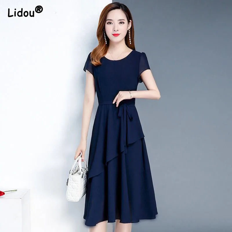 High Street Chiffon Fashion Pullover Dresses O-Neck Empire Solid Women's Clothing 2022 New Popularity Spring Autumn Silky Trend