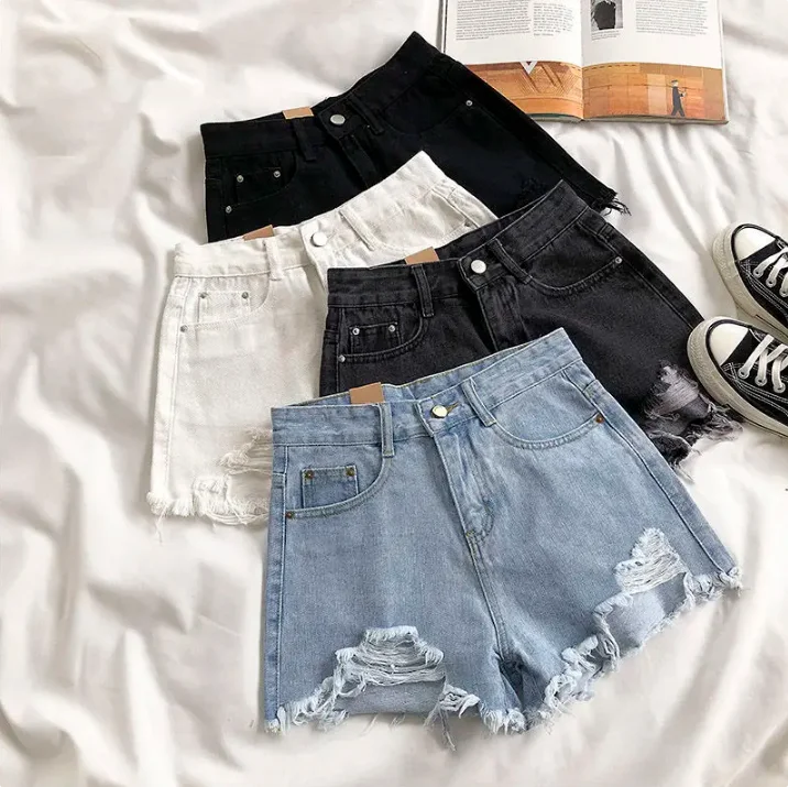 Summer New Style Wide Leg Pants Candy Color Ripped Denim Shorts Female High Waist Green A-line Women Jeans Hot Shorts Pants