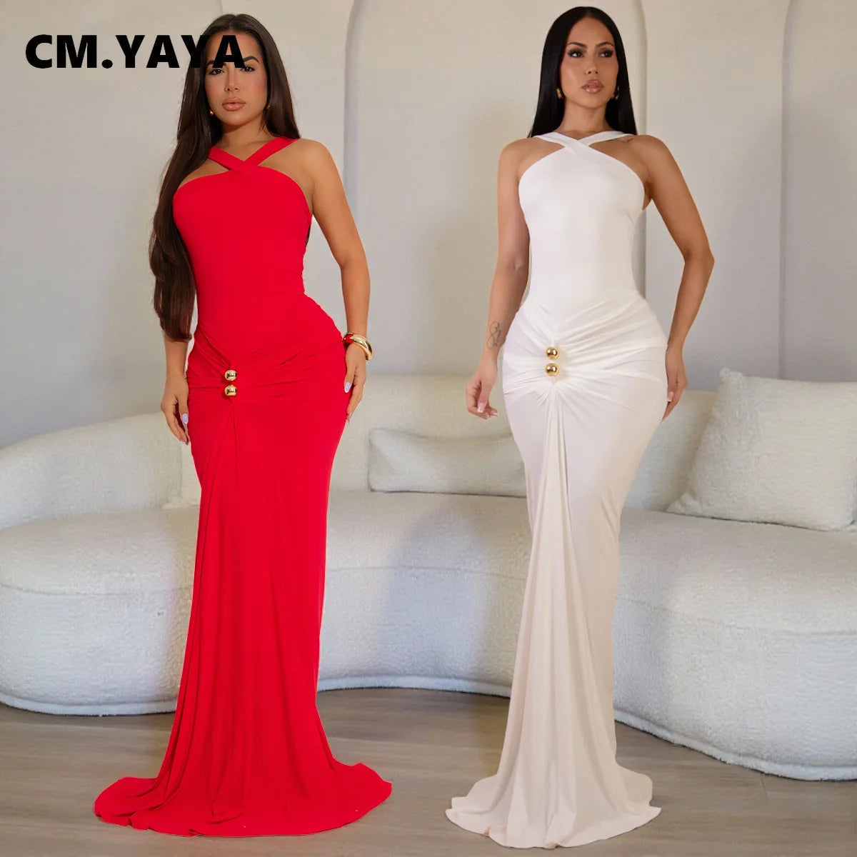 CM.YAYA Women Sleeveless Cross V-neck Ruched Stacked Midi Maxi Long Bodycon Dress 2025 Holiday Birthday Party Evening Dresses