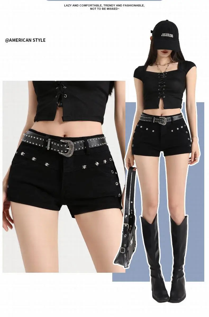 Summer Y2k Sexy Low Waist Mini Denim Shorts Women Vintage Korean Popular Girls Slight Strech Streetwear Gothic Rivet Black Jeans
