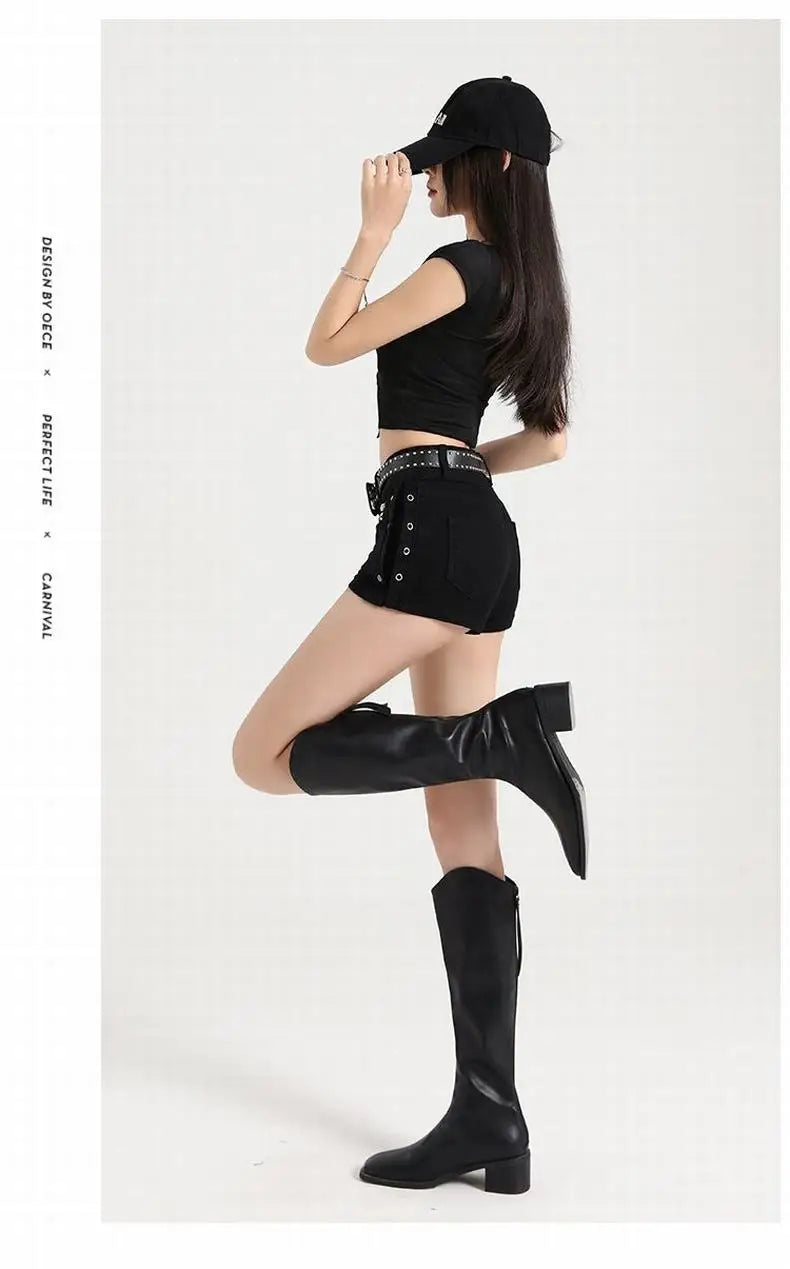 Summer Y2k Sexy Low Waist Mini Denim Shorts Women Vintage Korean Popular Girls Slight Strech Streetwear Gothic Rivet Black Jeans