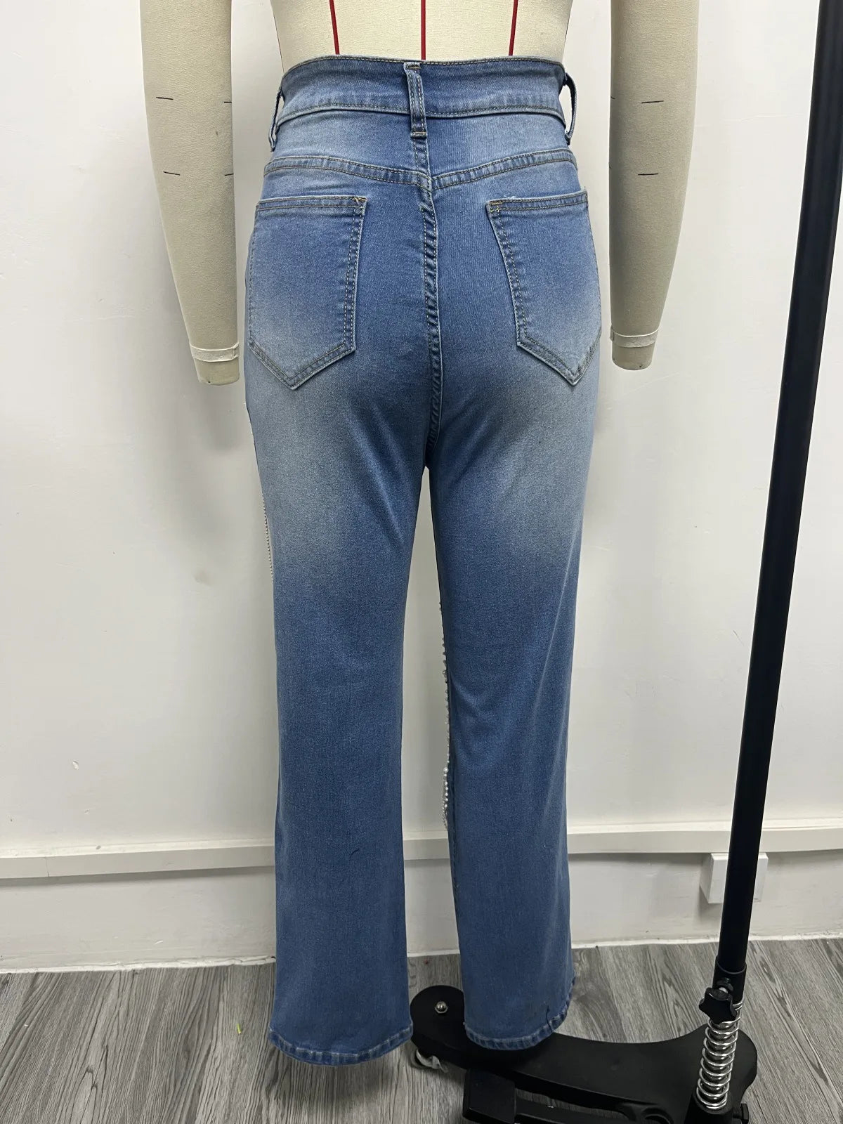 Ripped Jeans for Women Straight Pants Diamonds Chain Stretch Distressed High Waist Floor Length 2025 Streetwear Denim Trousers