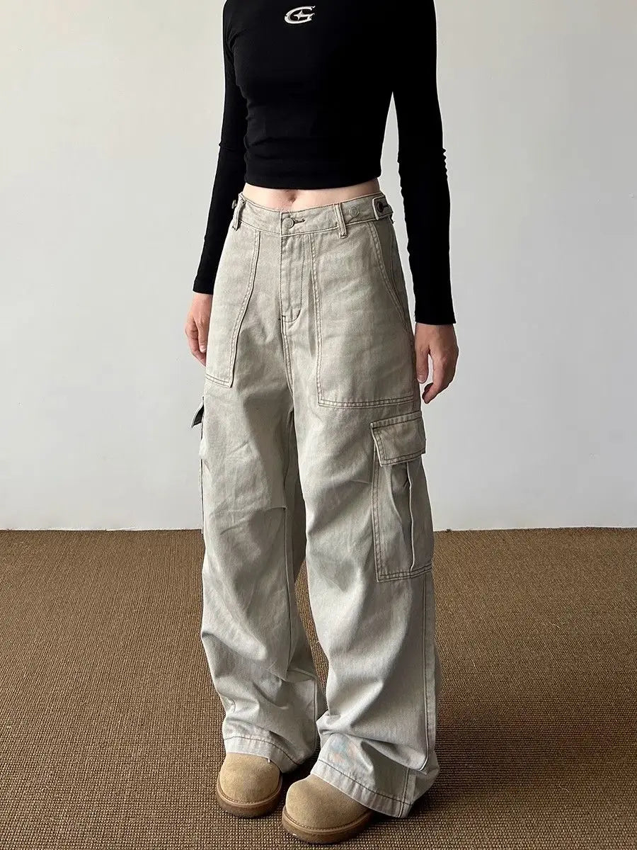 American Retro Multi-pocket Cargo Jeans With Big Pocket Do Old and Washed Jeans Denim Trousers Women Baggy Pants Y2k Clothing