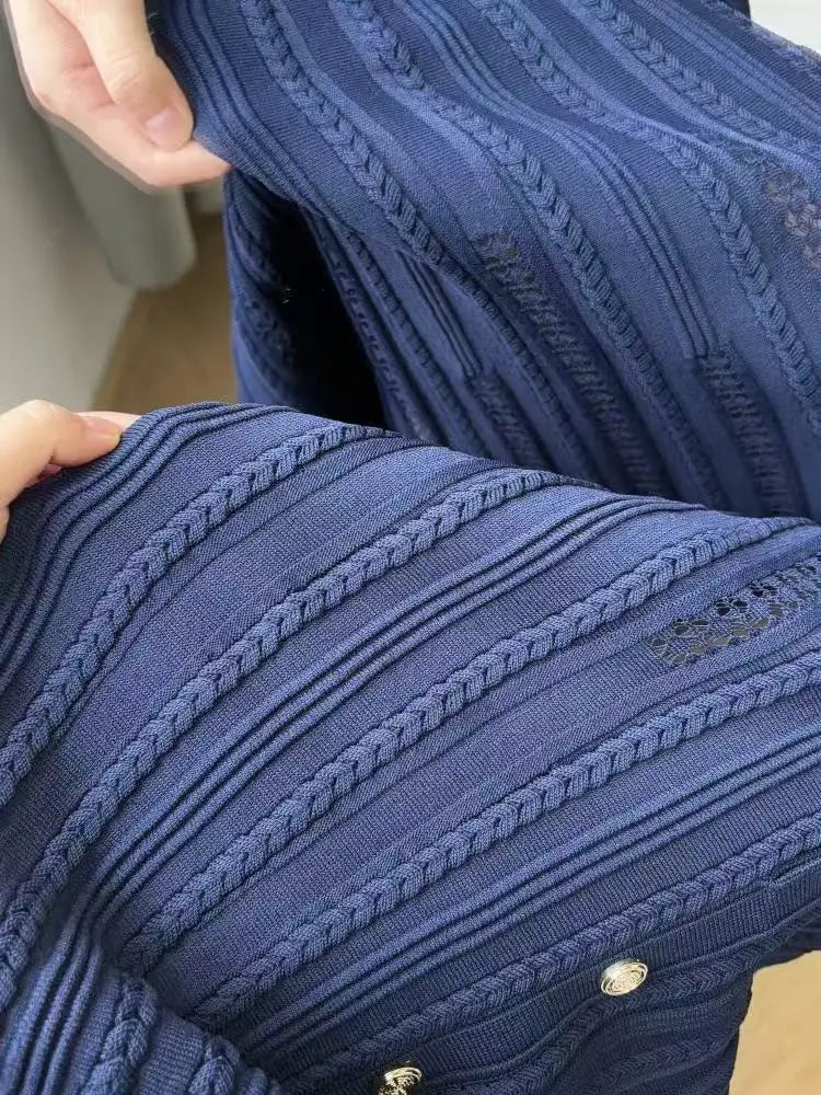 Spring Summer New Fashion Dark Blue Knit Midi Dress Women Temperament Elegant O Neck Sleeveless Single-Breasted Slim Robe Ladies