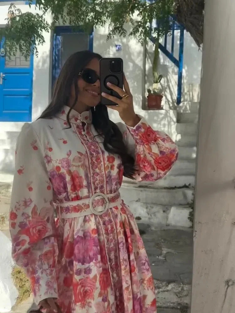 Chic Printed Stand Collar Single Breasted Dress Women Elegant Long Sleeve High Waist Dresses Female Summer Holiday Casual Robe