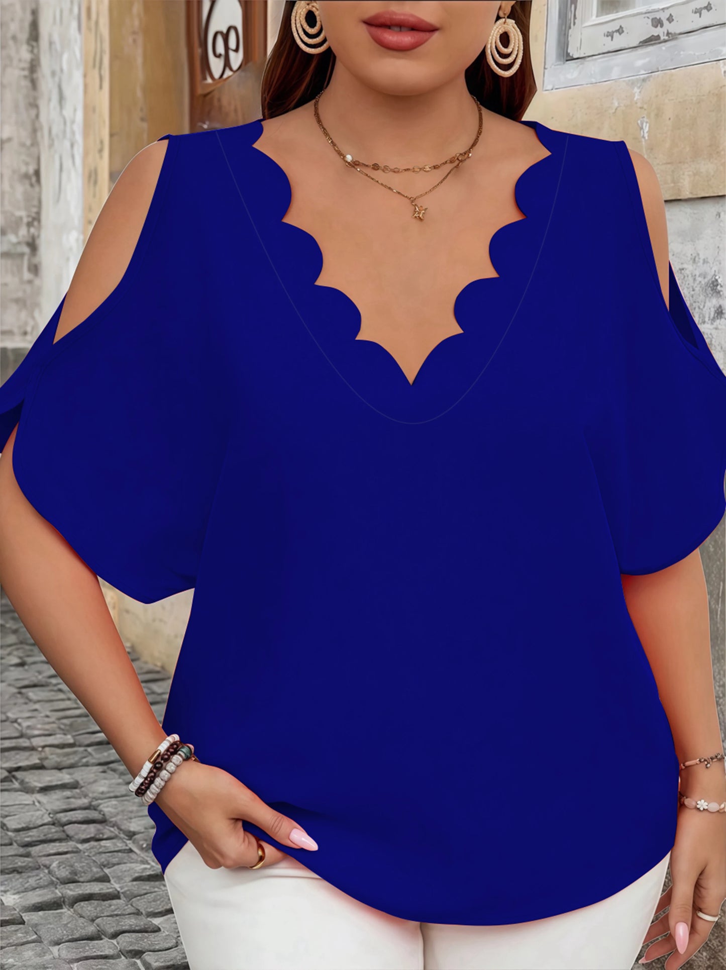 Elegant Off-Shoulder Wave V-Neck T-Shirt - Solid Color Plus Size Women's Blouse, Fashion Casual Short Sleeve Summer Top