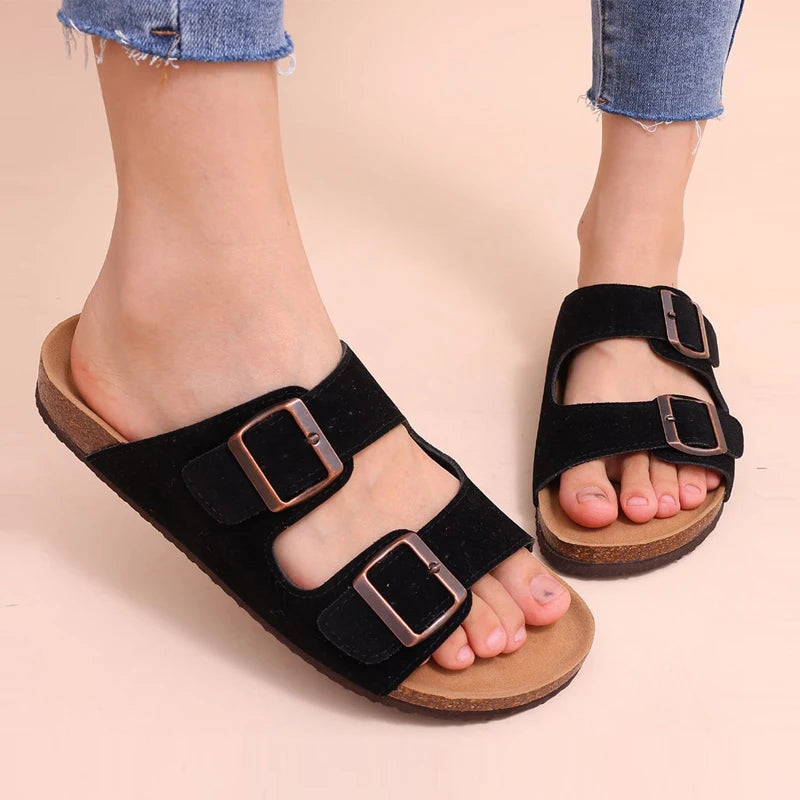 Pallene New Summer Women's Slippers With Arch Support Slip-On Outdoor Slides Cork Footbed Sandals With Adjustable Double Buckle