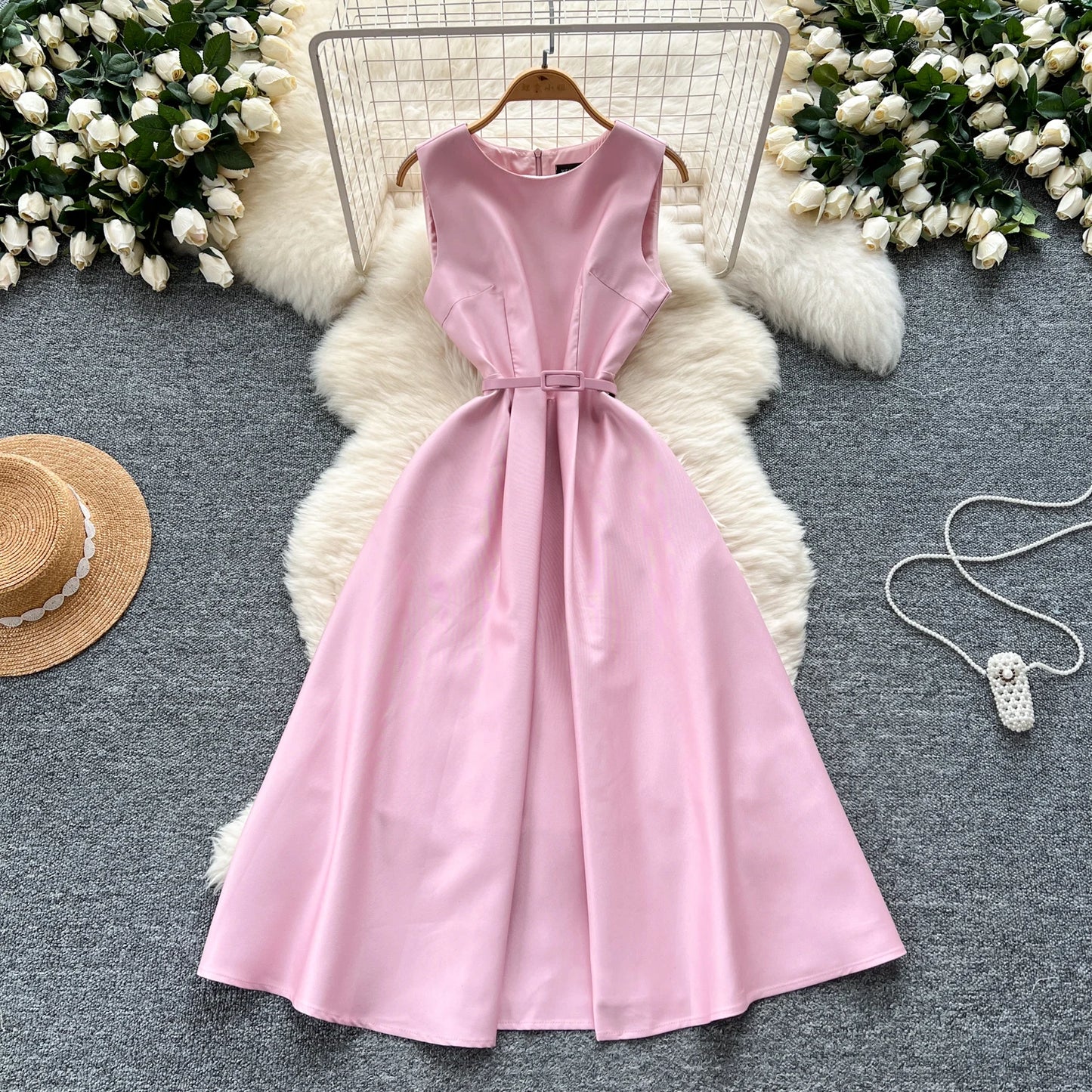 Chic O-Neck Vintage sleeveless Elegant evening dress High Waist Korean Fashion Vestidos women clothing