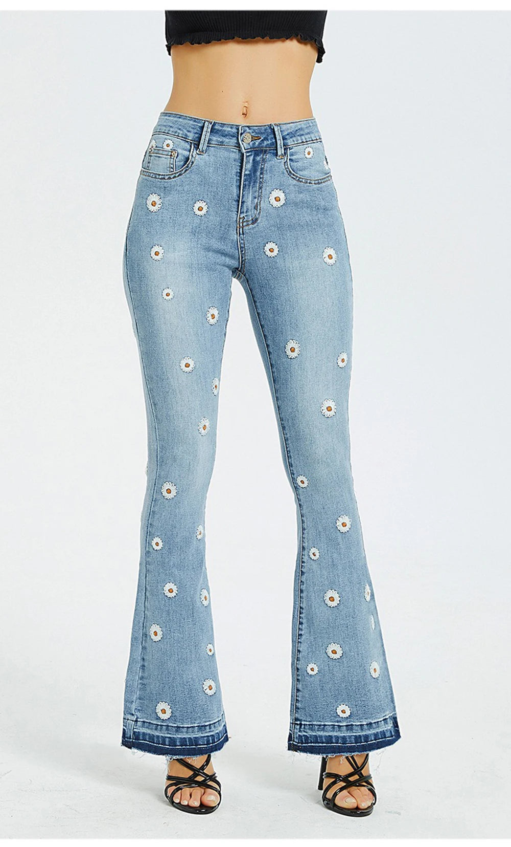 Women's Denim Bell Bottoms High Waist Tight Elastic Long Legs Daisy Embroidered Printed Spicy Girl Slim Straight Jeans UDUE