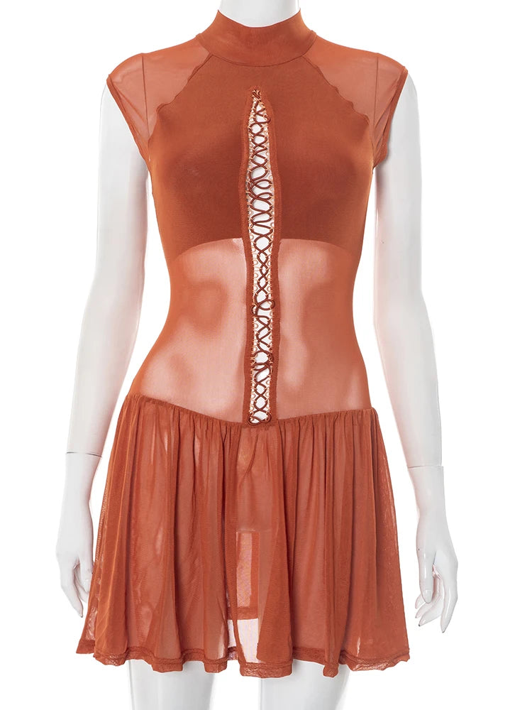 Weird Puss Hollow Sexy Dress Women o-Neck Coquette Sleeveless Patchwork Pleated Hem Halter Summer Midnight Clubwear Mini Bodycon