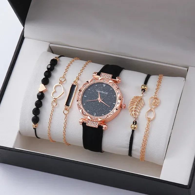 6PCS Set Watch For Women Luxury Leather Analog Ladies Quartz Wrist Watch Fashion Bracelet Watch Set Female Relogio Feminino