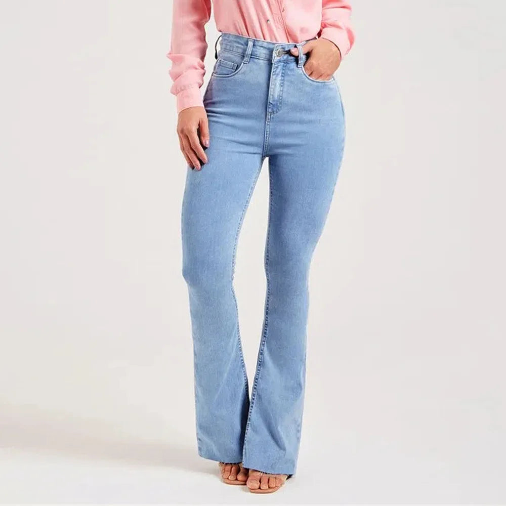 Strecth Jeans Women Denim Flare Pants 2024 Autumn Button Pockets Basics Denims Streetwear Female Vintage Washed Trousers