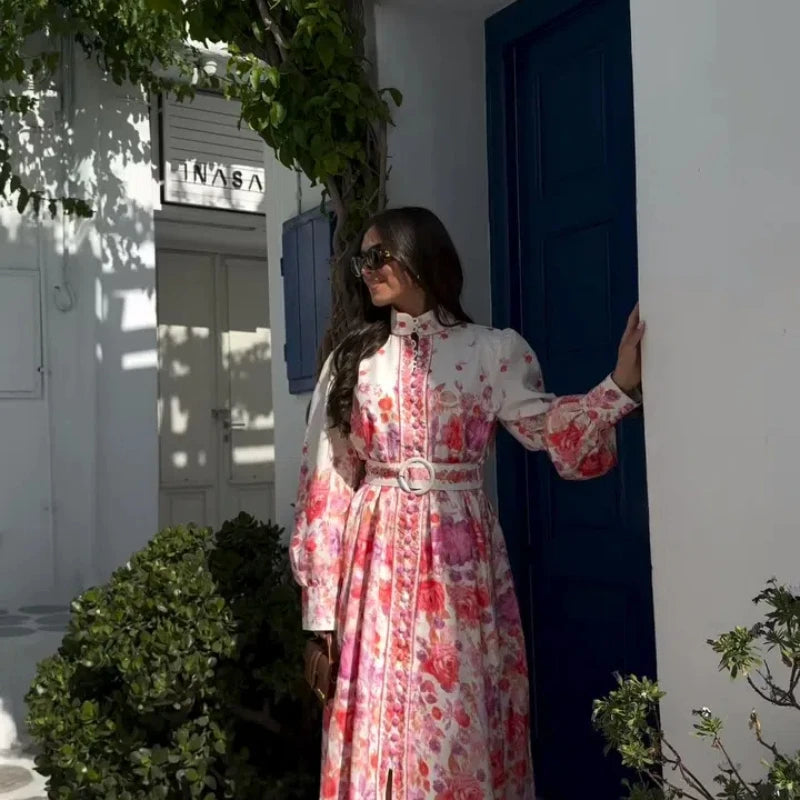 Chic Printed Stand Collar Single Breasted Dress Women Elegant Long Sleeve High Waist Dresses Female Summer Holiday Casual Robe