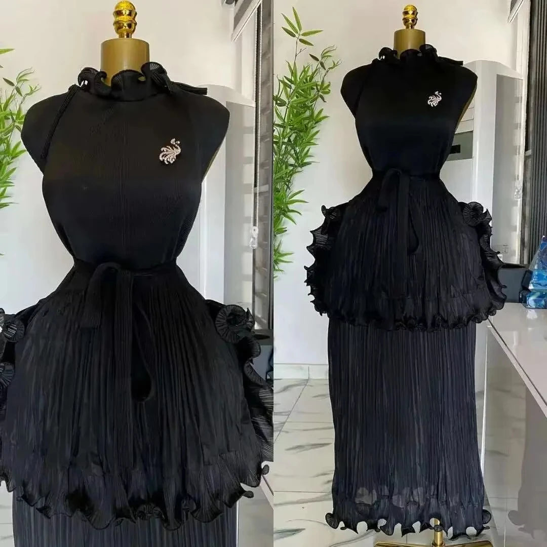 Miyake Pleated Dress Women Round Neck Sleeveless Solid Color Loos Style Patchwork New Tide 2025 Dresses