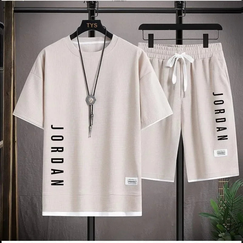 2025 summer fashion loose short sleeve casual T-shirt + shorts two-piece men's breathable fast drying fitness jogging suit