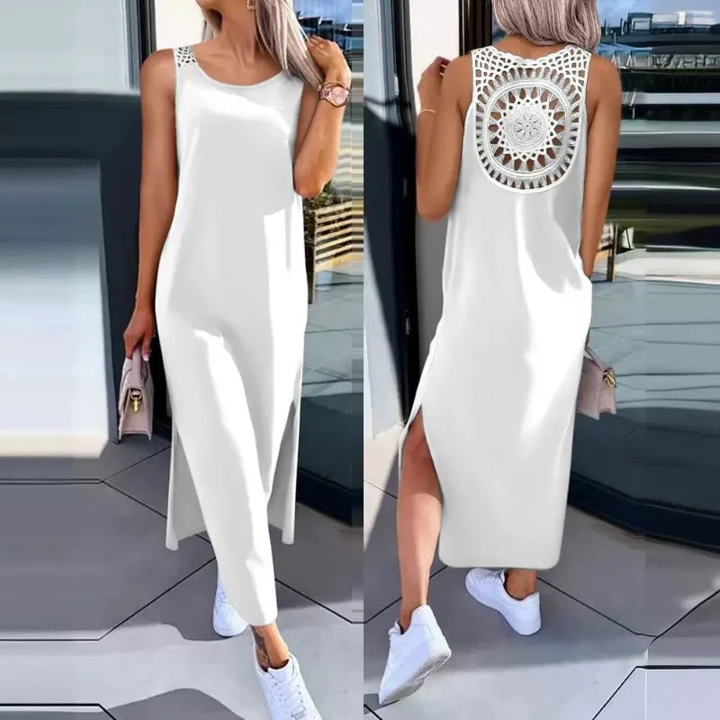 Spring Summer New Women's Clothing Solid Color V-neck Vest Back Lace Cutout Slit Casual Dress