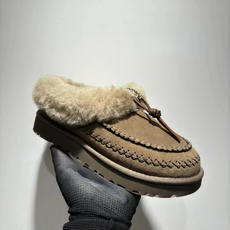 Genuine natural fur bare boots 2025 new winter flat wool shoes thick bottom lace decorative casual half drag Baotou drag