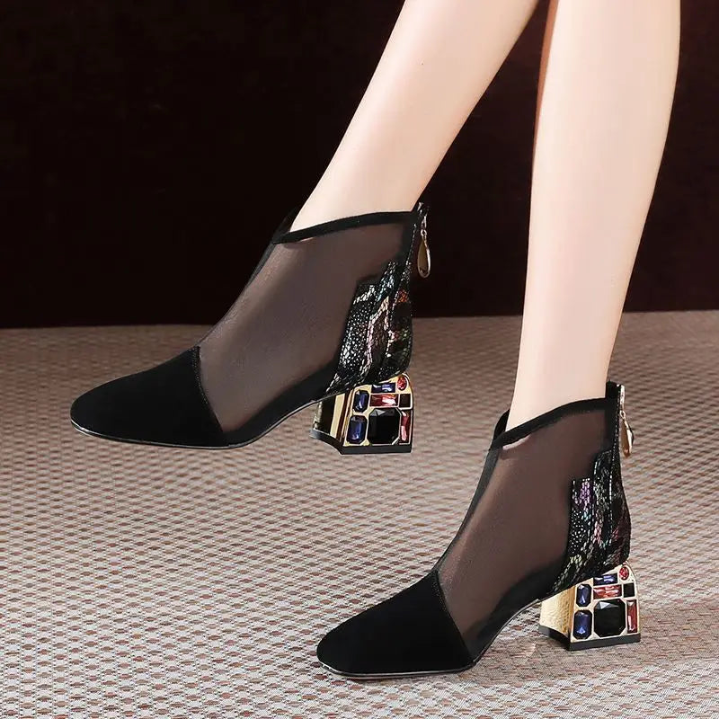 2025 New Mesh Sandals Summer Women's Ankle Boot Mid Heel Rhinestone Ponited Toe Shoes Women's heels Luxury Sexy Women sandalias